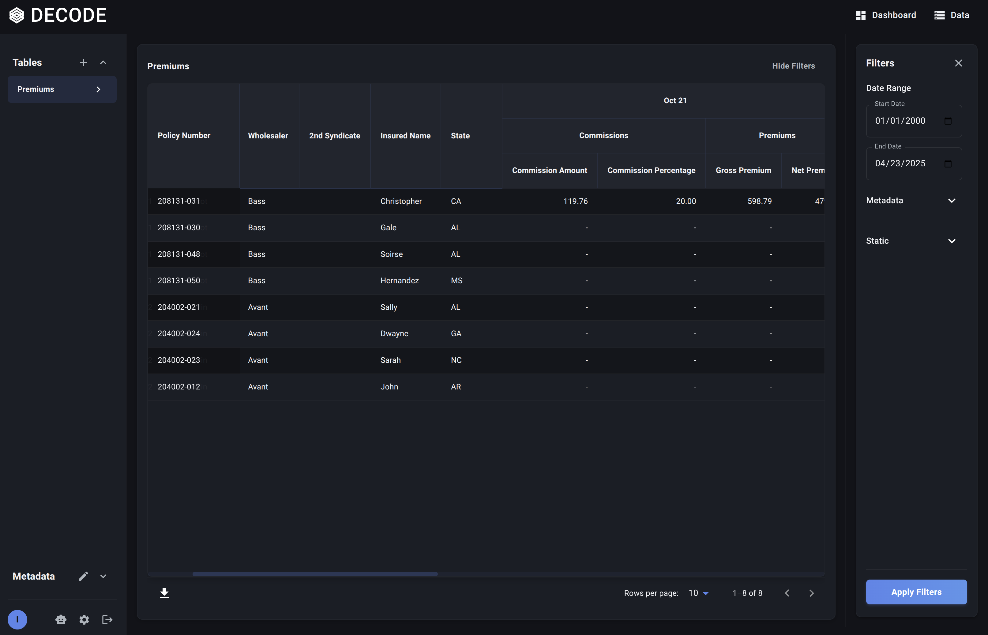 Data table view